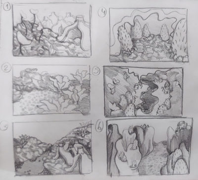 Landscapes & Backgrounds Track: Grocery Store Thumbnail Sketches