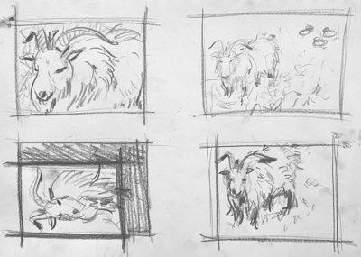 Woodcut printmaking thumbnail sketches