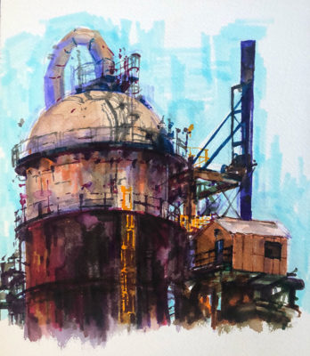 Brush Pen Drawing: Oil Refinery