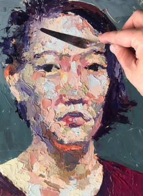 Self-Portrait Palette Knife Painting, Water Mixable Oils, Clara Lieu