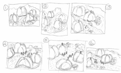 Landscapes Track: Grocery Store Alien Landscape, thumbnail sketches