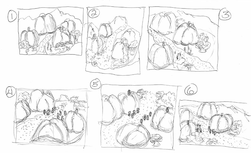 Landscapes Track: Grocery Store Alien Landscape, thumbnail sketches